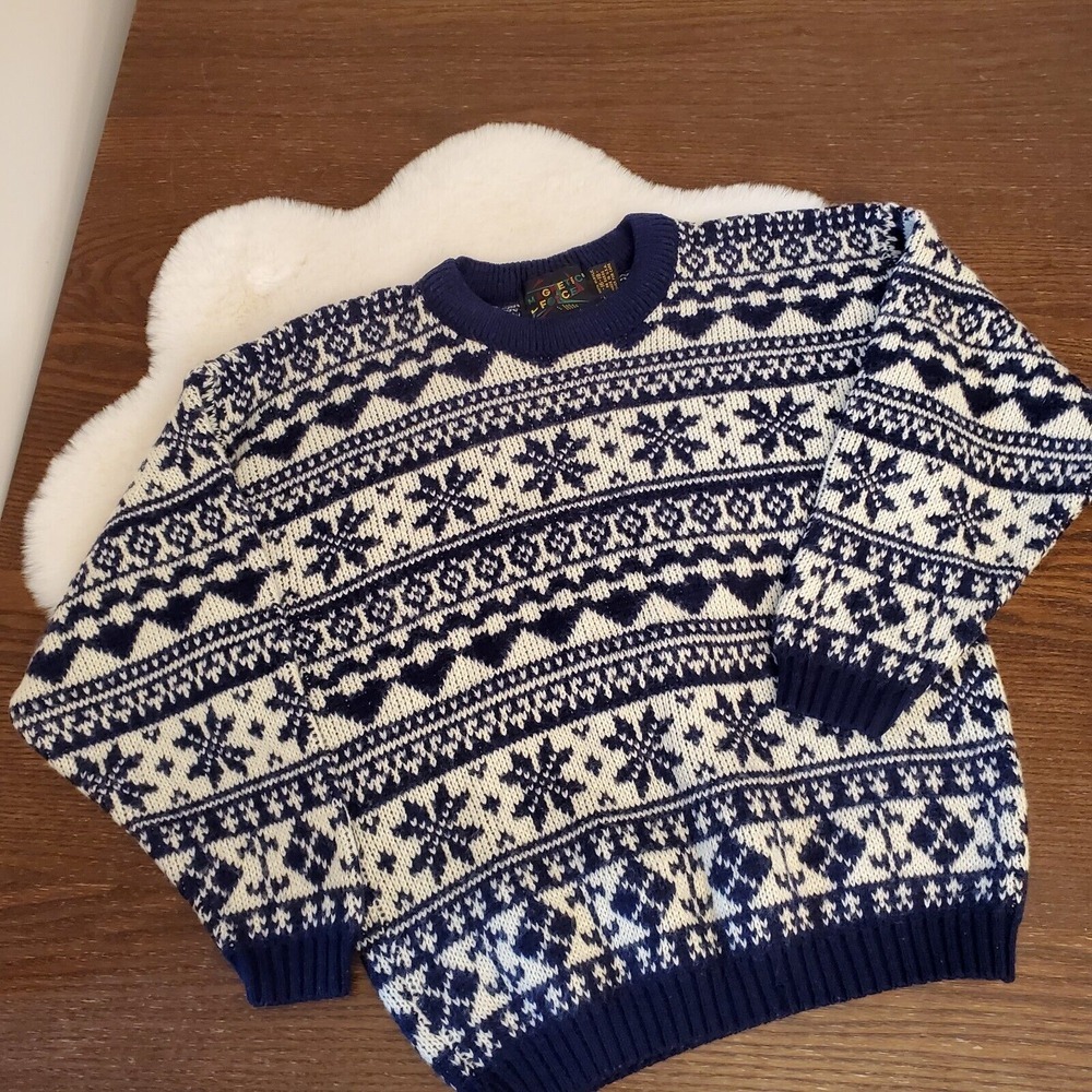 Vtg Magnetic Force Youth 80s Sweater Boys Size 16-18 Snow Flakes‎ USA Blue